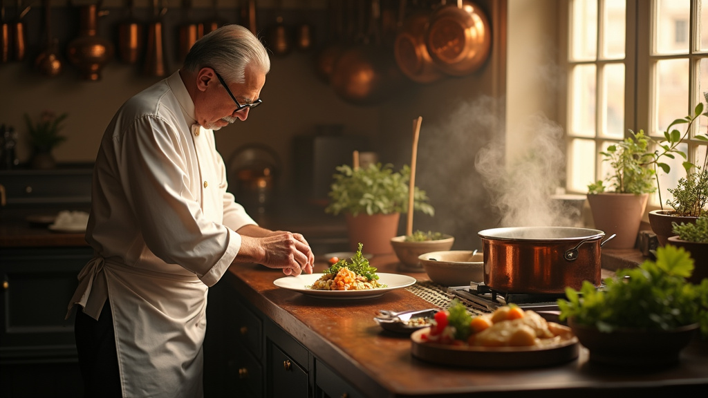 Portrait d'Auguste Escoffier en tenue de chef dans sa cuisine
