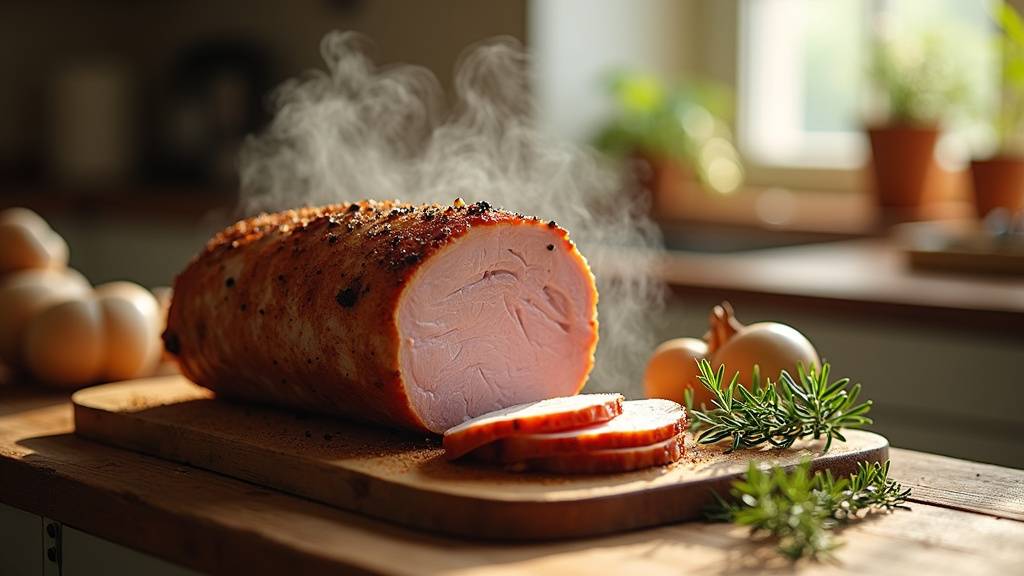 Rouelle de porc en cours de cuisson dans un plat allant au four avec des légumes