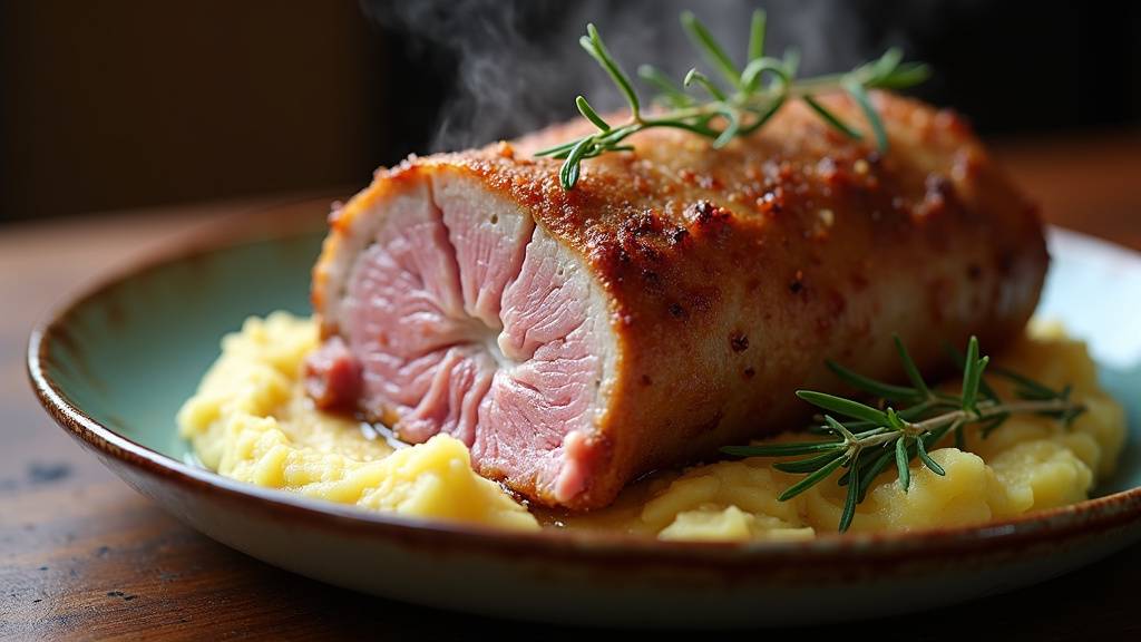 Assiette servie avec rouelle de porc moelleuse, purée de pommes de terre et légumes racines