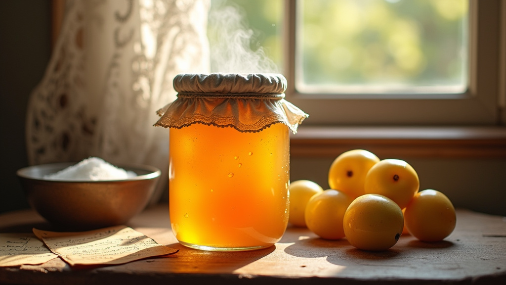 Bocaux de confiture de mirabelles alignés sur une étagère