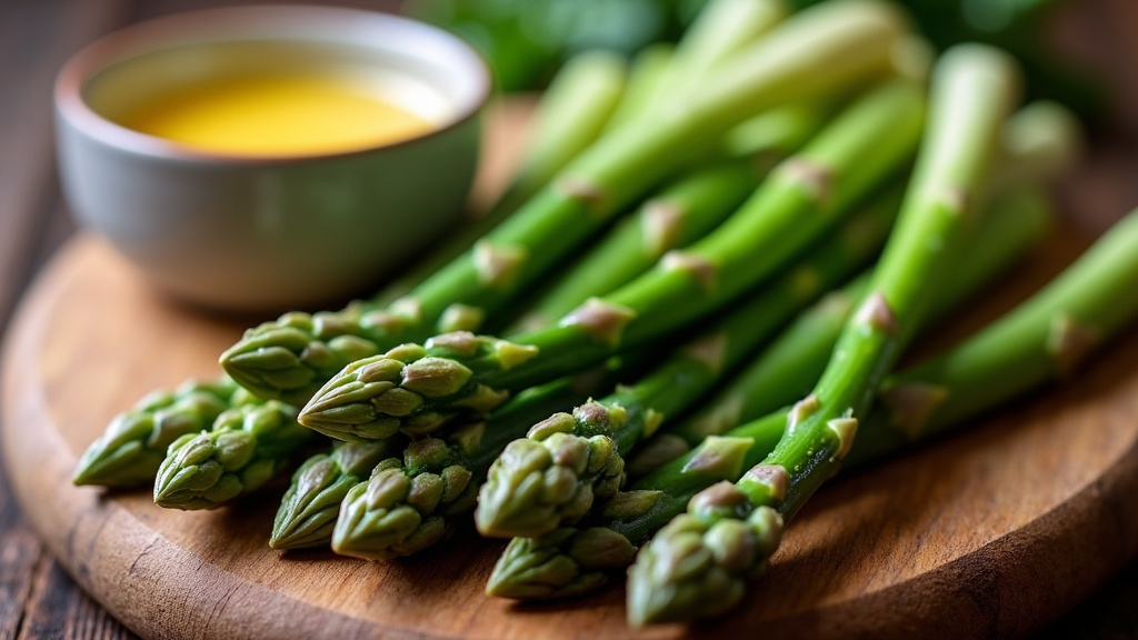 Asperges vertes fraîches sur un plateau en bois