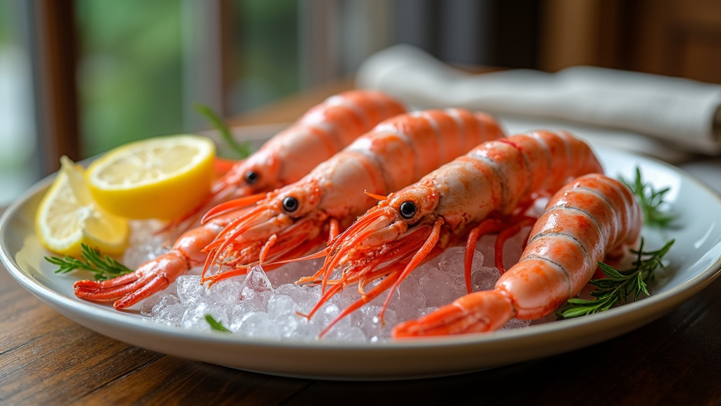 Sélection de langoustines fraîches sur un étal de poissonnier