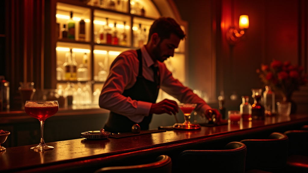 Cocktails colorés et élégants sur le comptoir du Bar Nouveau, mettant en valeur les créations de mixologie
