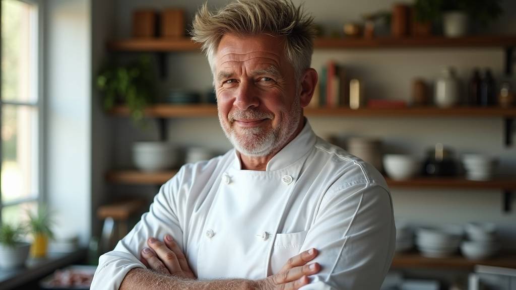 Gordon Ramsay en pleine action dans une de ses émissions télévisées, avec son expression caractéristique.