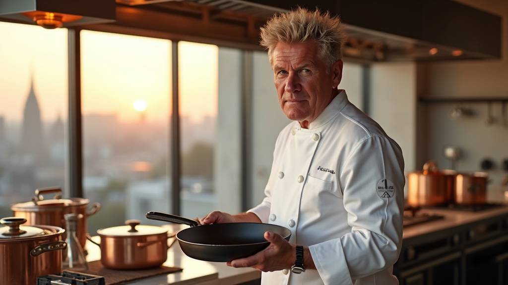 Gordon Ramsay jeune en cuisine, concentré, au début de sa carrière.