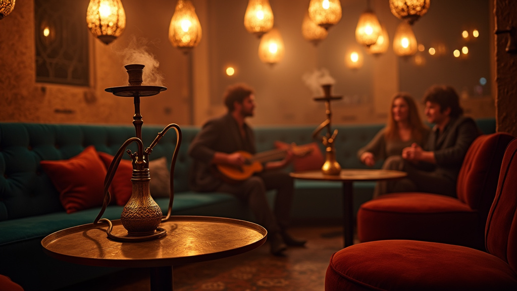 Intérieur de bar à chicha avec décoration orientale, coussins colorés et éclairage tamisé