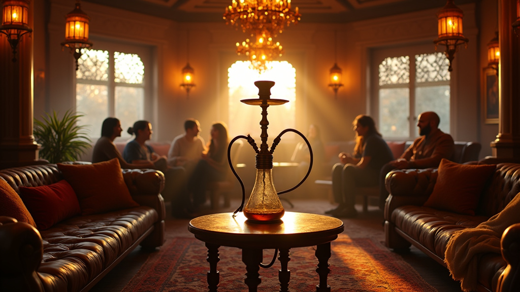 Groupe d'amis profitant d'une soirée détente dans un bar à chicha avec narguilés et boissons
