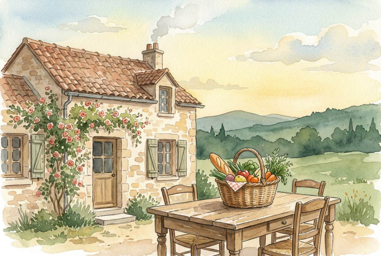 Scène de campagne française - cuisine, maison et nature