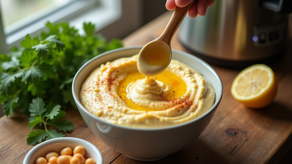 Préparation de tahini maison dans le bol du Thermomix, avec graines de sésame et huile d'olive