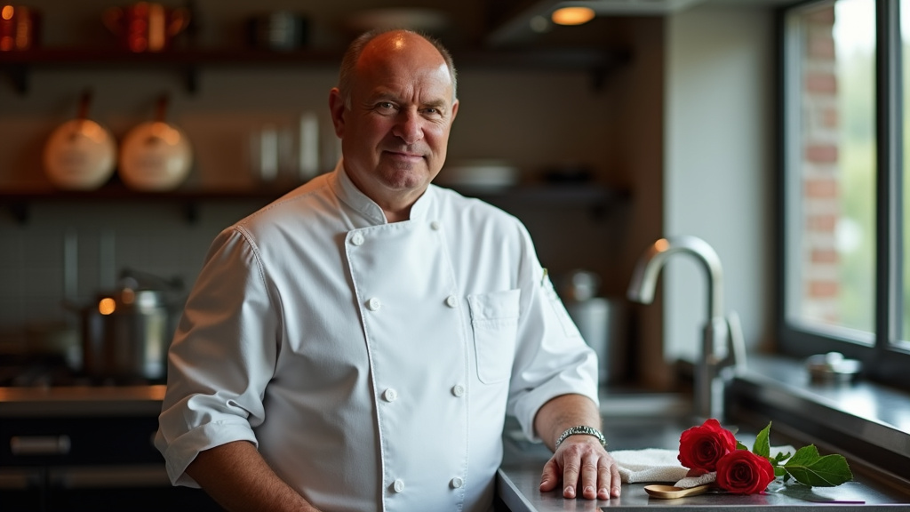 Chef Joël Robuchon en train de présenter un plat signature dans son atelier