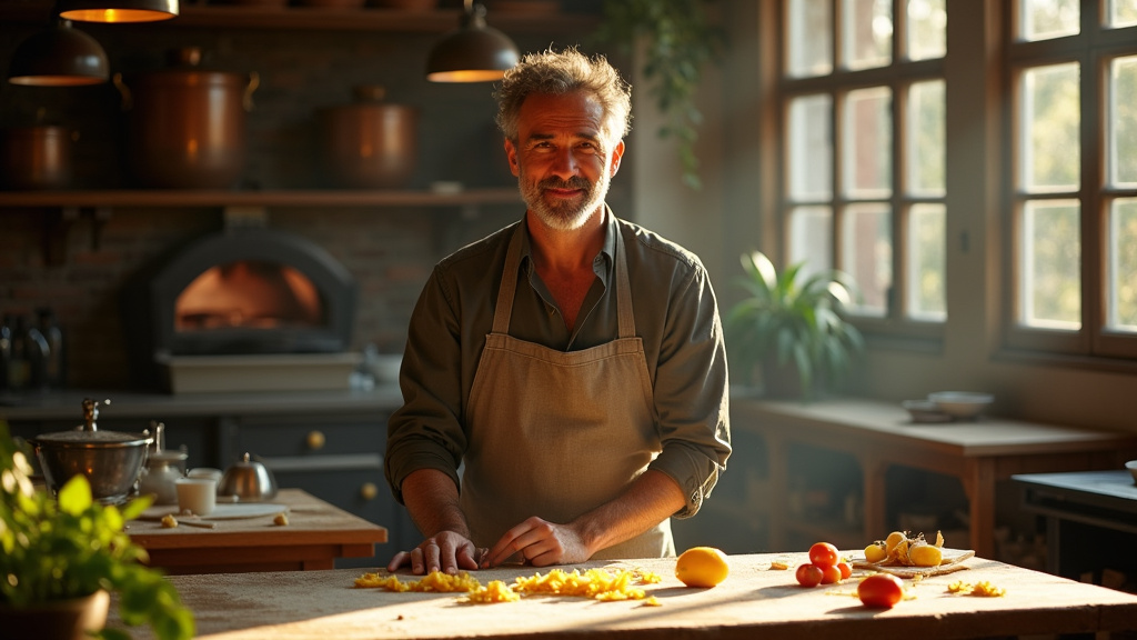 Massimo Bottura dans sa cuisine à Modène, concentré sur la création d'un plat innovant