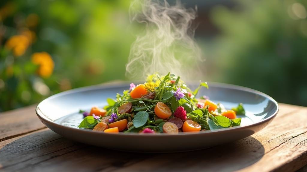 Jardin en permaculture de Mirazur, avec légumes et herbes aromatiques