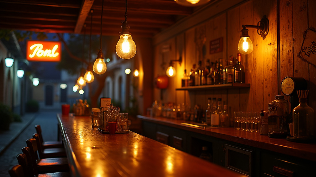 Intérieur d'un bar d'ambiance chaleureux avec des lumières tamisées et des convives souriants