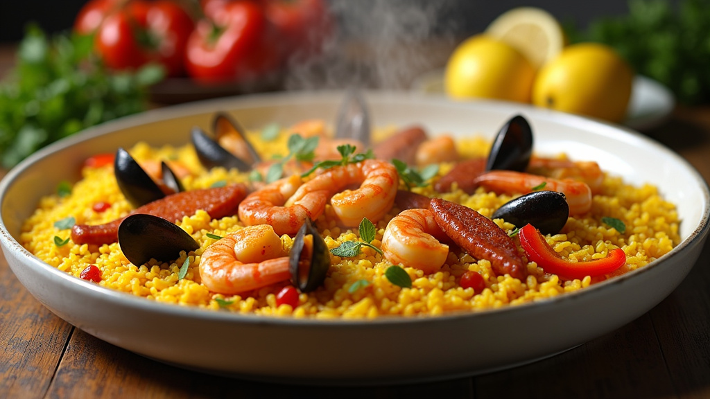 Paella cuite dans un Cookeo avec des fruits de mer et du chorizo