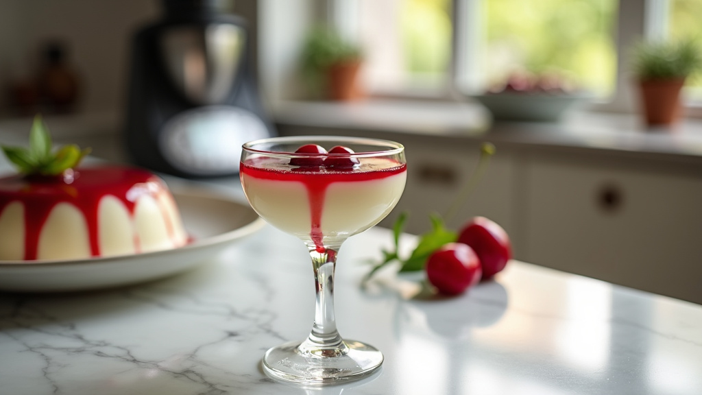 Préparation de la panna cotta dans le bol du Thermomix avec les ingrédients disposés autour