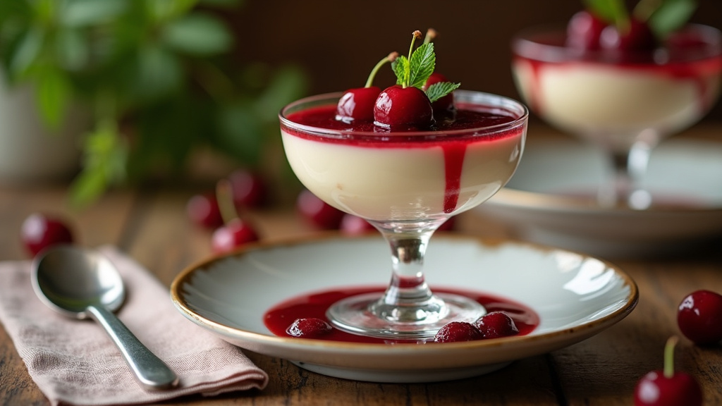Panna cotta parfaitement présentée avec coulis de fruits rouges et décor de menthe
