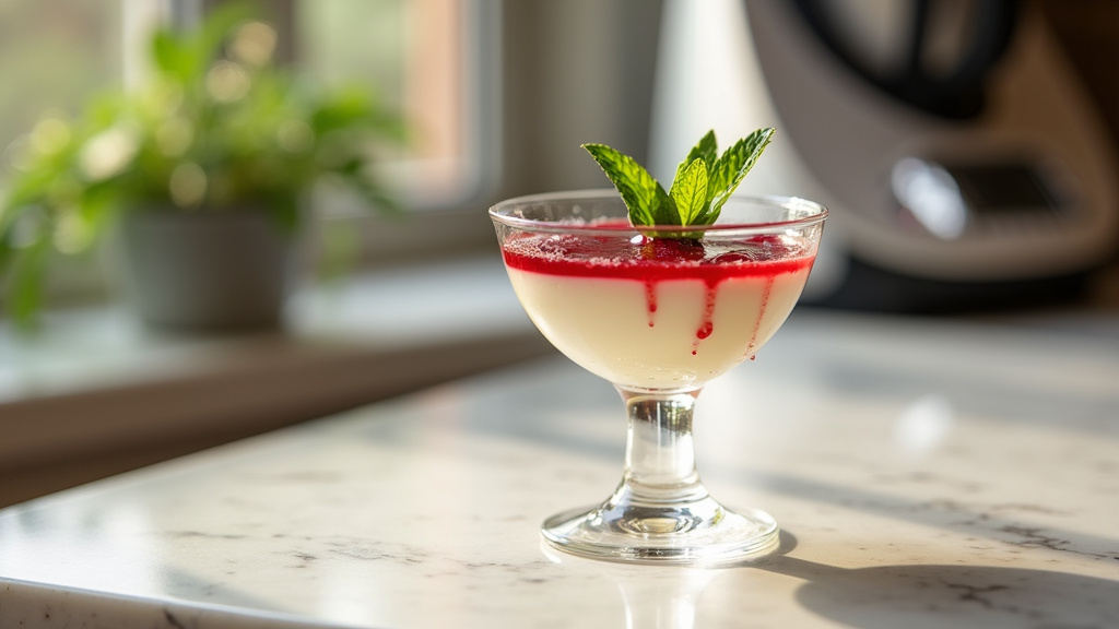 Panna cotta onctueuse préparée avec le Thermomix, décorée de fruits rouges et de menthe fraîche
