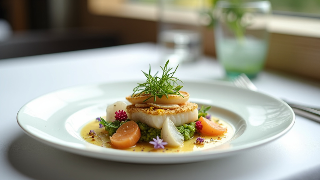 Plat signature de Pierre Gagnaire, composition artistique et colorée