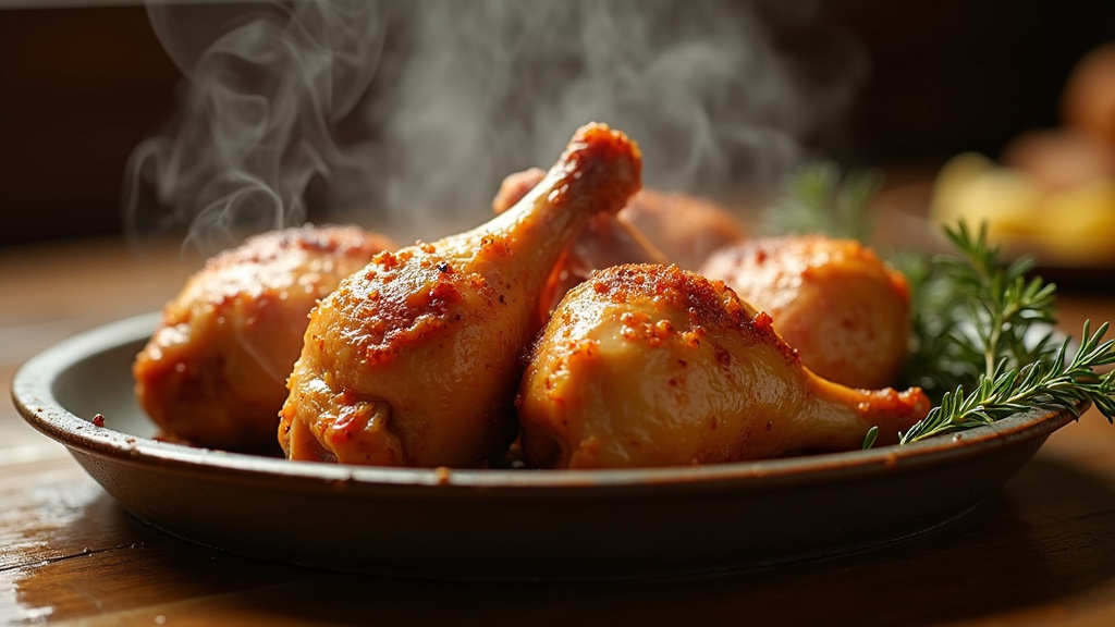 Pilons de poulet dorés sortant du four avec une peau croustillante