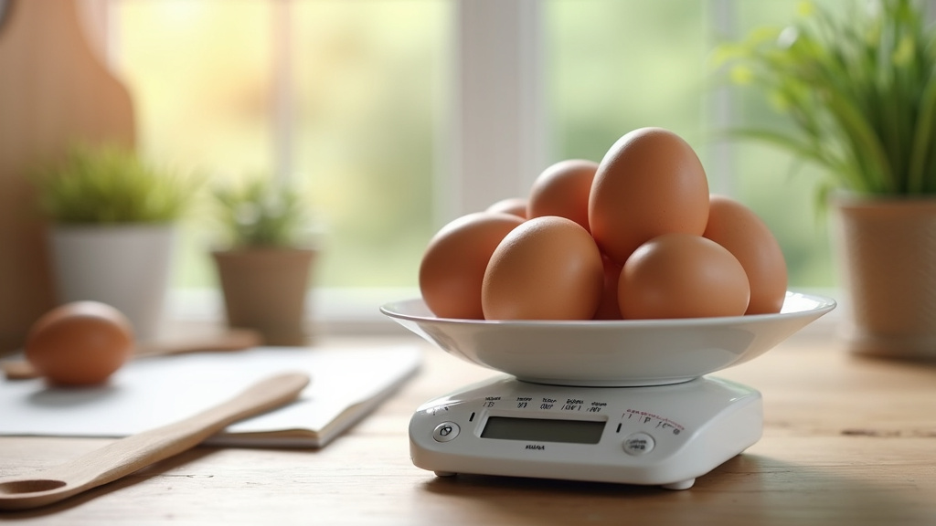 Œufs de différentes tailles sur une balance de cuisine