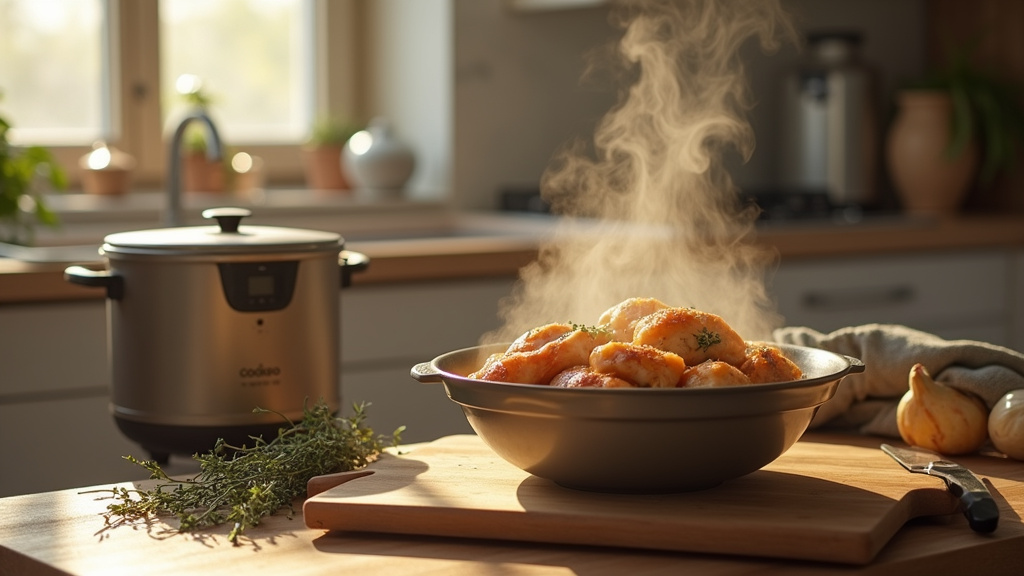 Table dressée avec plats de poulet cuisinés au Cookeo