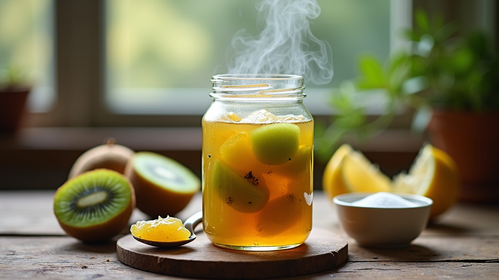 Kiwi coupé en dés dans un bol avec du sucre et du citron