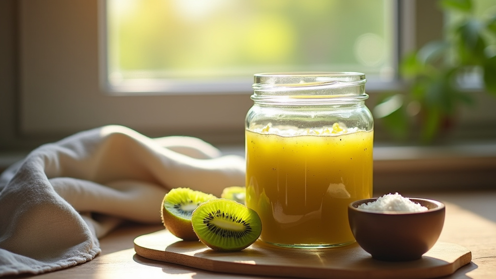 Jolie présentation de pots de confiture de kiwi maison sur une étagère en bois