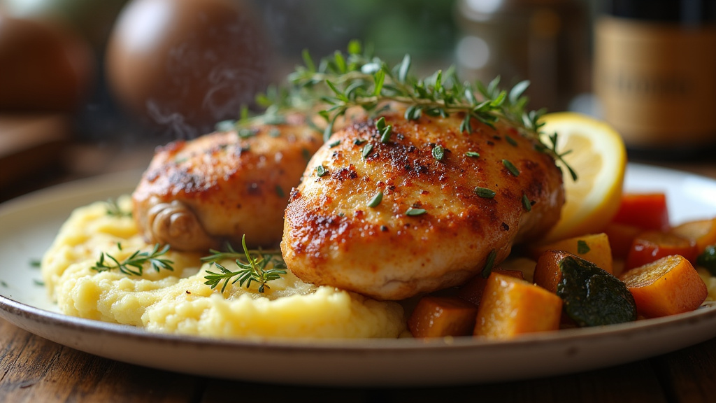 Hauts de cuisse de poulet servis avec une sauce onctueuse et des légumes