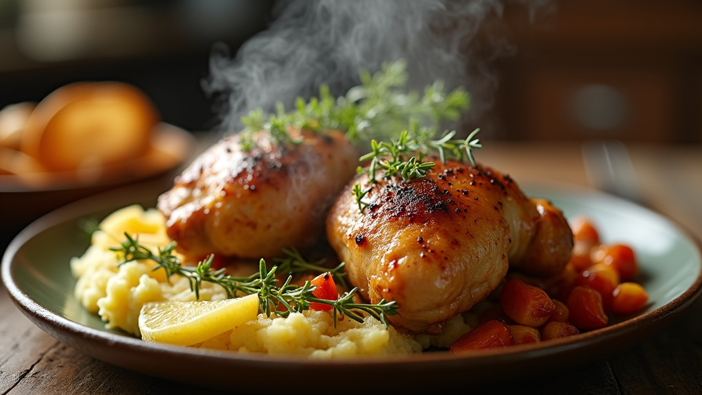 Hauts de cuisse de poulet marinés sur une planche en bois avec des herbes aromatiques