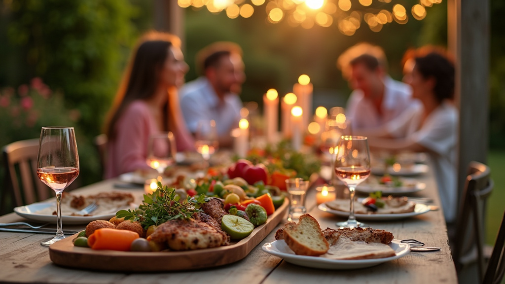Table décorée avec bougies, plats partagés et convives souriants