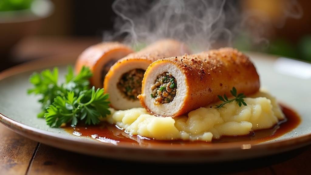 Paupiettes de porc à la crème et champignons dans une cocotte en fonte