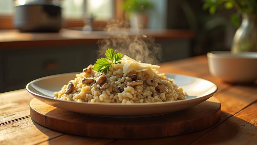 Risotto aux champignons servi dans une assiette