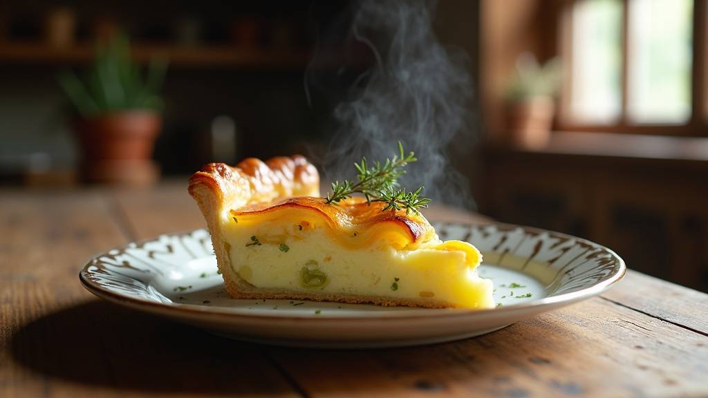 Détail de la garniture fondante de poireaux dans une tarte aux poireaux traditionnelle