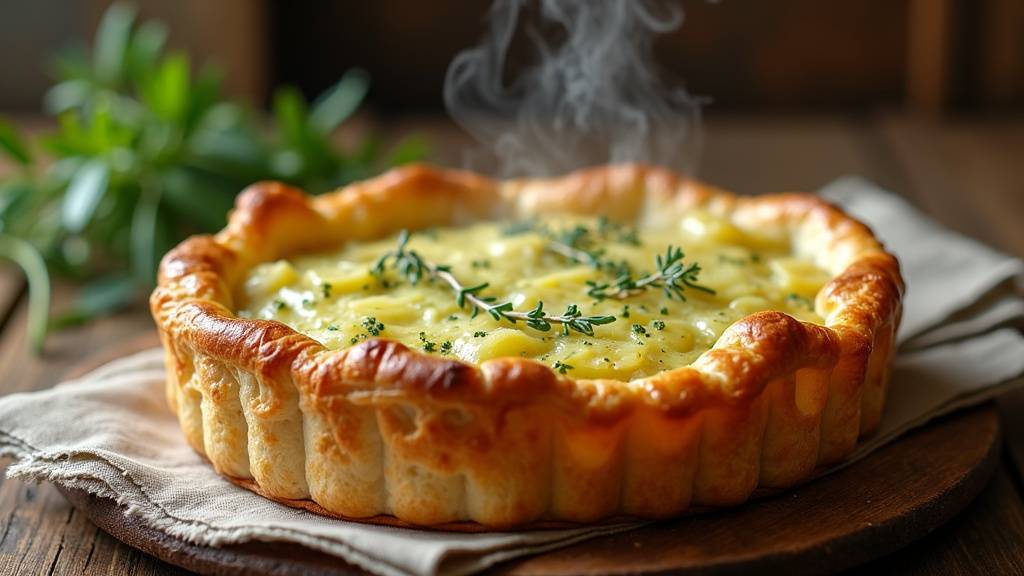 Tarte aux poireaux traditionnelle servie avec une salade verte sur une table de campagne