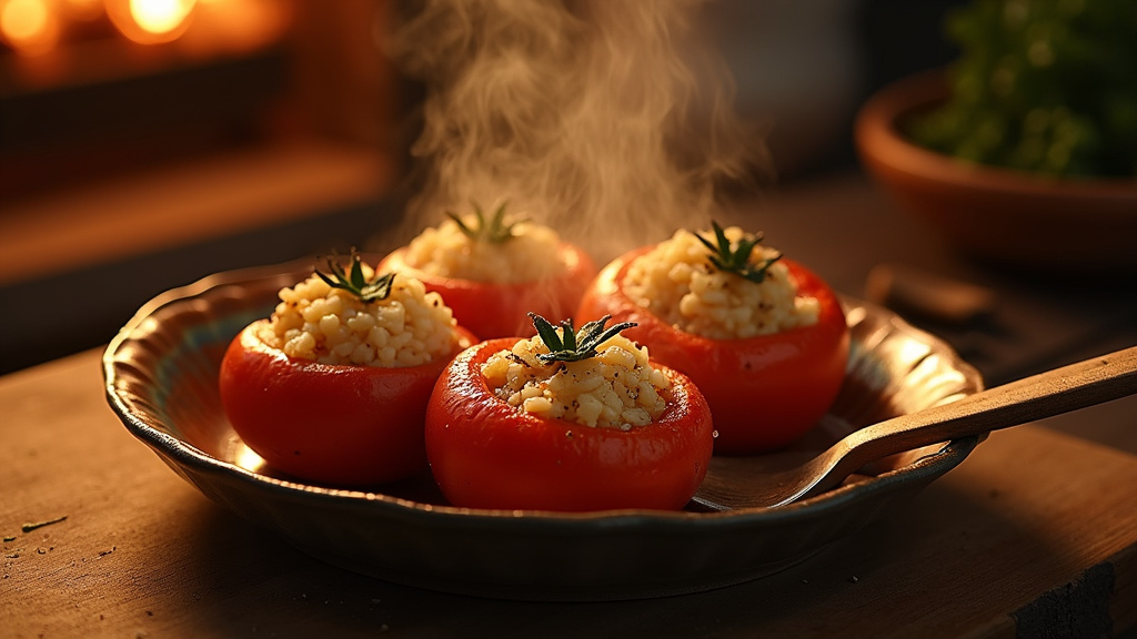 Tomates farcies prêtes à être enfournées avec le riz dans un plat à gratin