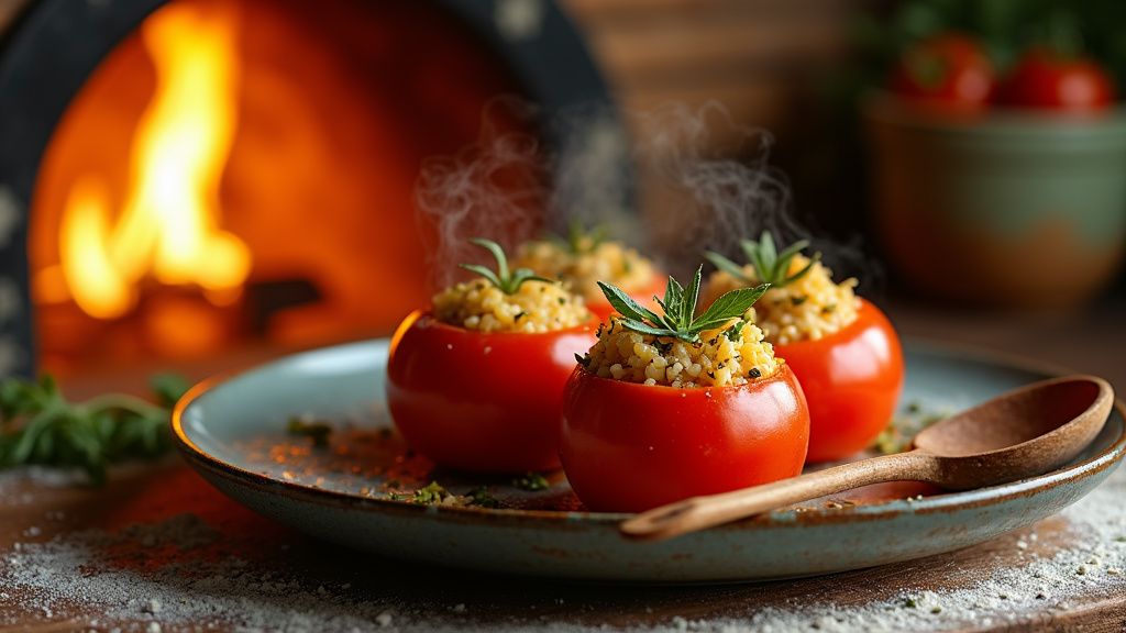 Tomates farcies de grand-mère avec riz mijotant dans un four traditionnel